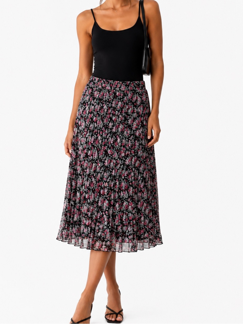 H&M Floral Pleated Midi Skirt in Black with Pink Accent